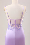 Élégante Sirène Lilas Plissé Paillettes Corset Longue Robe De Bal Avec Fente