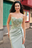 élégante sirène sauge plissée à sequins corset longue Robe De Soirée avec fente haute
