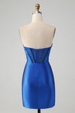 Robe de soirée court bustier sans bretelles moulante bleu royal scintillante avec perles