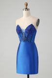 Robe de soirée court bustier sans bretelles moulante bleu royal scintillante avec perles