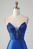 Robe de soirée court bustier sans bretelles moulante bleu royal scintillante avec perles