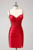 Robe de balle en satin corset à bretelles spaghetti rouge élégante avec fente