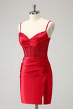 Élégant moulant spaghetti bretelles corset satin rouge robe de soirée court avec fente