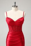 Robe de balle en satin corset à bretelles spaghetti rouge élégante avec fente