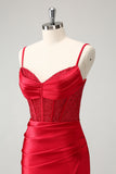 Robe de balle en satin corset à bretelles spaghetti rouge élégante avec fente