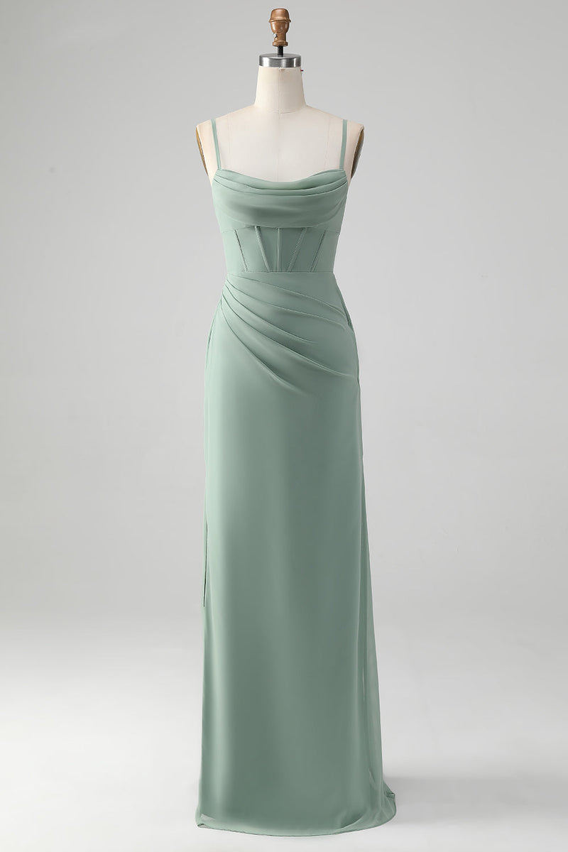 Charger l&#39;image dans la galerie, Bretelles spaghetti gris vert sirène Corset robe de demoiselle d’honneur avec fente