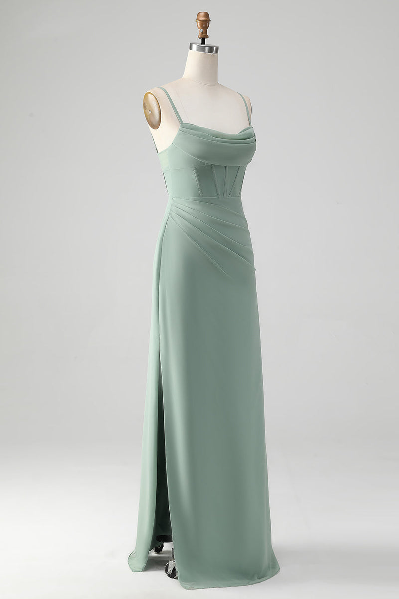Charger l&#39;image dans la galerie, Bretelles spaghetti gris vert sirène Corset robe de demoiselle d’honneur avec fente