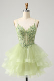 Robe de soirée Court en tulle trapèze vert clair avec appliques