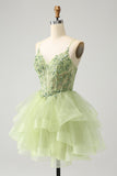 Robe de soirée Court en tulle trapèze vert clair avec appliques