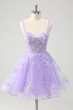 Robe de soirée Court corset trapèze lilas brodée avec paillettes