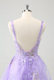 Robe de soirée Court corset trapèze lilas brodée avec paillettes