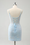 Robe de soirée Court moulante à bretelles spaghetti bleu clair avec corset et paillettes