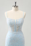 Robe de soirée Court moulante à bretelles spaghetti bleu clair avec corset et paillettes