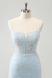 Robe de soirée Court moulante à bretelles spaghetti bleu clair avec corset et paillettes