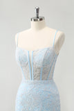 Robe de soirée Court moulante à bretelles spaghetti bleu clair avec corset et paillettes