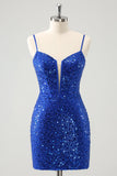 Robe de soirée Court moulante bleu royal à paillettes style corset