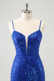 Robe de soirée Court moulante bleu royal à paillettes style corset