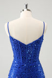 Robe de soirée Court moulante bleu royal à paillettes style corset