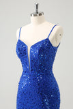 Robe de soirée Court moulante bleu royal à paillettes style corset