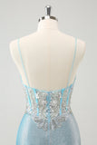 Robe de soirée Court bleu clair à bretelles spaghetti et corset moulant avec paillettes