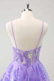 Robe de soirée courte à bretelles spaghetti et paillettes lilas