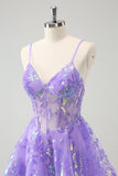 Robe de soirée courte à bretelles spaghetti et paillettes lilas