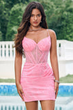 Robe courte moulante de soirée corset rose scintillant avec dentelle