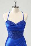 Robe de soirée Court corset serrée bleu royal scintillante avec lacets dans le dos