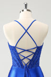 Robe de soirée Court corset serrée bleu royal scintillante avec lacets dans le dos