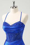 Robe de soirée Court corset serrée bleu royal scintillante avec lacets dans le dos