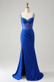 Robe de bal longue corset perlée sirène bleu royal scintillant avec fente