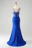 Robe de bal longue corset perlée sirène bleu royal scintillant avec fente