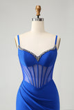 Robe de bal longue corset perlée sirène bleu royal scintillant avec fente