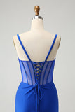 Robe de bal longue corset perlée sirène bleu royal scintillant avec fente