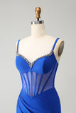 Robe de bal longue corset perlée sirène bleu royal scintillant avec fente