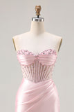 Corset de bal rose perlé en sirène bustier sans bustier avec fente