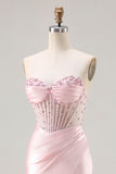 Corset de bal rose perlé en sirène bustier sans bustier avec fente