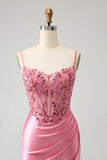 Robe de soirée Court rose scintillant serrée corset spaghetti bretelles avec appliques