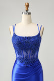 Robe de soirée Court moulante corset corset spaghetti bleu royal