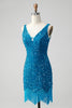 Charger l&#39;image dans la galerie, Robe courte moulante à sequins à paillettes bleu foncé scintillante avec pompon
