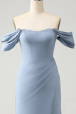 Robe de demoiselle d’honneur longue en mousseline de soie gris bleu sirène à épaules dénudées avec fente