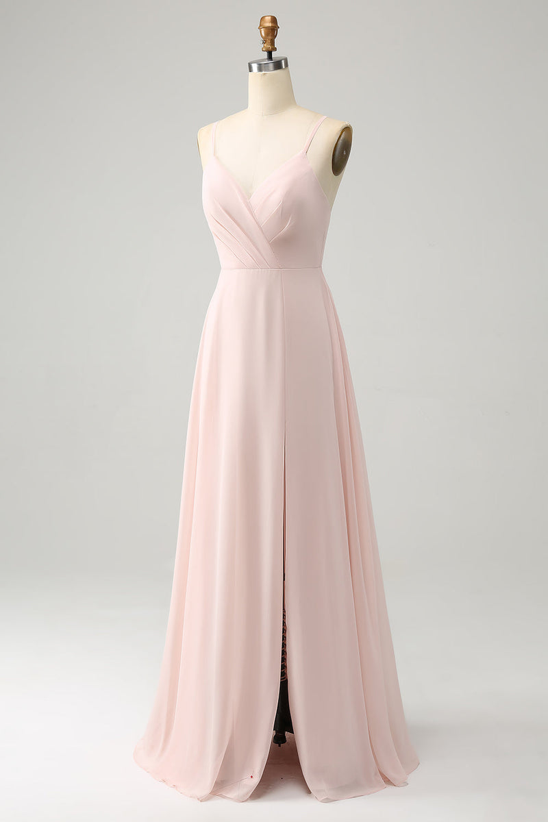 Charger l&#39;image dans la galerie, Robe de demoiselle d’honneur longue en mousseline de soie rose à col en V avec fente