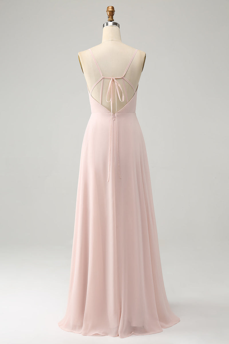 Charger l&#39;image dans la galerie, Robe de demoiselle d’honneur longue en mousseline de soie rose à col en V avec fente
