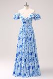 Bleu Épaule Dénudée Floral Robe de demoiselle d’honneur