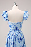 Bleu Épaule Dénudée Floral Robe de demoiselle d’honneur