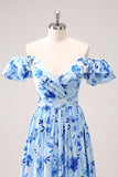 Bleu Épaule Dénudée Floral Robe de demoiselle d’honneur