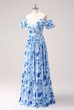 Bleu Épaule Dénudée Floral Robe de demoiselle d’honneur