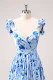 Bleu Épaule Dénudée Floral Robe de demoiselle d’honneur