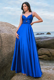 Spaghetti Straps Satin Encre Bleu Demoiselle d’honneur Robe Avec Fente