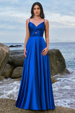 Spaghetti Straps Satin Encre Bleu Demoiselle d’honneur Robe Avec Fente